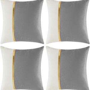 4 Packs Grey Decorative Throw Pillow Covers 18×18 Inch for Living Room Couch Bed Sofa, Gray and White Velvet Patchwork with Gold Leather, Luxury Home Decor Square Cushion Case 45×45 cm