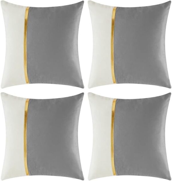 4 Packs Grey Decorative Throw Pillow Covers 18x18 Inch for Living Room Couch Bed Sofa, Gray and White Velvet Patchwork with Gold Leather, Luxury Home Decor Square Cushion Case 45x45 cm