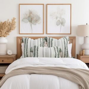 Decorative Boho Throw Pillow Cover 18×18, Accent Neutral Textured Tufted Pillow Cover Striped for Couch Bed Sofa, Green and Cream White, Pack of 1
