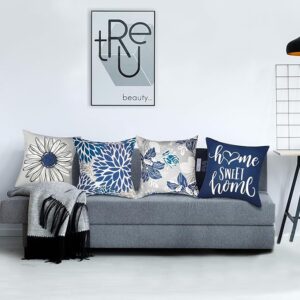 Decorative Throw Pillow Covers Set of 4 Blue Pillow Covers 18×18 inch Throw Pillow Cases Linen Square Pillow Case,Farmhouse Outdoor Modern Boho Pillow Covers for Couch Sofa Living Room