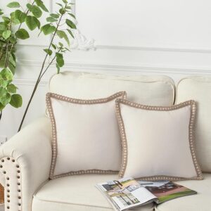Pack of 2 Farmhouse Decorative Throw Pillow Covers Burlap Linen Trimmed Tailored Edges Square Pillowcases for Couch Sofa Bed Living Room, Off White 18×18 Inch