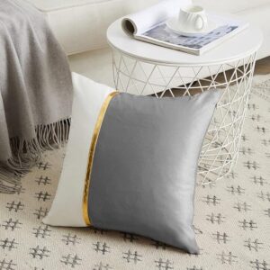 4 Packs Grey Decorative Throw Pillow Covers 18×18 Inch for Living Room Couch Bed Sofa, Gray and White Velvet Patchwork with Gold Leather, Luxury Home Decor Square Cushion Case 45×45 cm