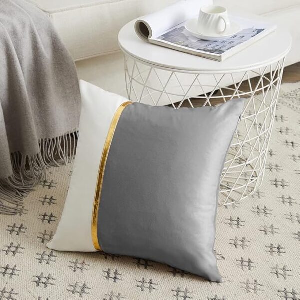 4 Packs Grey Decorative Throw Pillow Covers 18x18 Inch for Living Room Couch Bed Sofa, Gray and White Velvet Patchwork with Gold Leather, Luxury Home Decor Square Cushion Case 45x45 cm - Image 2