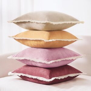 Decorative Throw Pillow Covers, Set of 4 Soft Velvet Modern Fringe Tassel Designs, Mix and Match for Home Decor, Pillow Inserts Not Included (18×18 inch, Beige/Dusty Pink)