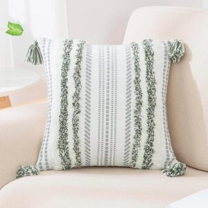 Decorative Boho Throw Pillow Cover 18×18, Accent Neutral Textured Tufted Pillow Cover Striped for Couch Bed Sofa, Green and Cream White, Pack of 1