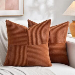 2 Packs Rust Boho Decorative Throw Pillow Covers 18×18 Inch for Couch Bed Sofa, Farmhouse Fall Home Decor, Soft Corss Corduroy Patchwork Textured Terracotta Accent Cushion Case 45×45 cm