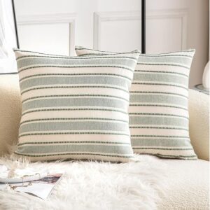 Decorative Boho Throw Pillow Covers, Farmhouse Textured Pillow Case, 18 x 18 Inch Set of 2, Chair Sofa Bedroom Living Room Home Decor Couch Cushion Case, Green and Beige Striped