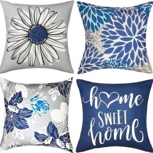 Decorative Throw Pillow Covers Set of 4 Blue Pillow Covers 18×18 inch Throw Pillow Cases Linen Square Pillow Case,Farmhouse Outdoor Modern Boho Pillow Covers for Couch Sofa Living Room