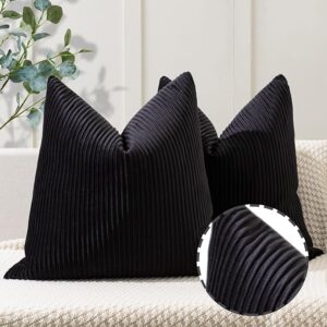 Black Pillow Covers 20×20 Set of 2 Velvet Striped Pattern – Soft Throw Pillows for Home Decor, Luxury Decorative Pillow Covers for Couch, Bed,Living Room