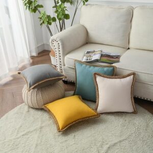 Pack of 2 Farmhouse Decorative Throw Pillow Covers Burlap Linen Trimmed Tailored Edges Square Pillowcases for Couch Sofa Bed Living Room, Off White 18×18 Inch