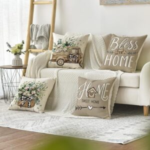 Bless Our Home Farmhouse Eucalyptus Leaves Throw Pillow Covers, 18 x 18 Inch Truck Home Sweet Home Cushion Case Decorations Set of 4