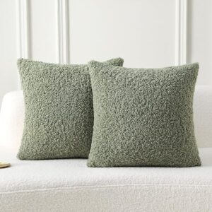 Sage Green Throw Pillow Covers 18×18 Inch Set of 2,Furry Faux Fur Teddy Boucle Textured Cushion Covers,Soft Fluffy Decorative Pillow Case,Home Decor for Couch Bed Living Room Office Car
