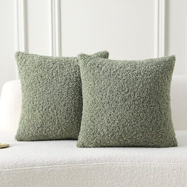 Sage Green Throw Pillow Covers 18x18 Inch Set of 2,Furry Faux Fur Teddy Boucle Textured Cushion Covers,Soft Fluffy Decorative Pillow Case,Home Decor for Couch Bed Living Room Office Car