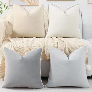 Soft Velvet Throw Pillow Covers 18×18 inch Set of 4, Colorful Decorative Pillow Covers with 4-Color Mix and Match for Bedroom Living Room, Grey & Beige