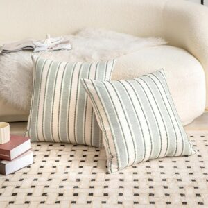 Decorative Boho Throw Pillow Covers, Farmhouse Textured Pillow Case, 18 x 18 Inch Set of 2, Chair Sofa Bedroom Living Room Home Decor Couch Cushion Case, Green and Beige Striped