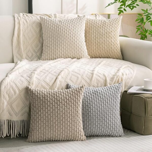 Set of 4 Neutral Decorative Throw Pillow Covers 18x18 Inch Corduroy Pillow Covers for Bed Couch Sofa Living Room Soft Square Cushion Cases - Image 2