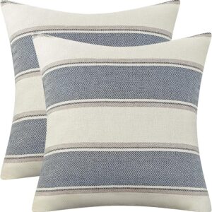 AmHoo Pack of 2 Farmhouse Linen Throw Pillow Cover Cushion Stripe Decoration Buffalo Retro Pillowcase with Hidden Zipper for Sofa Bedroom Car 18 x 18 Inch Blue