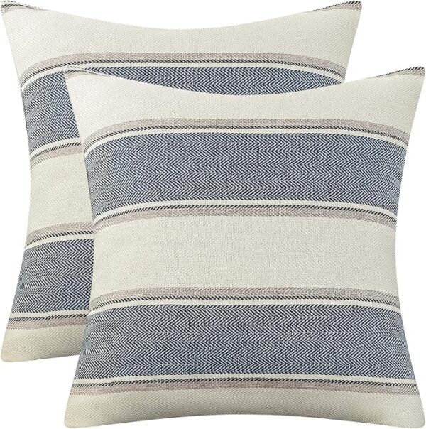AmHoo Pack of 2 Farmhouse Linen Throw Pillow Cover Cushion Stripe Decoration Buffalo Retro Pillowcase with Hidden Zipper for Sofa Bedroom Car 18 x 18 Inch Blue